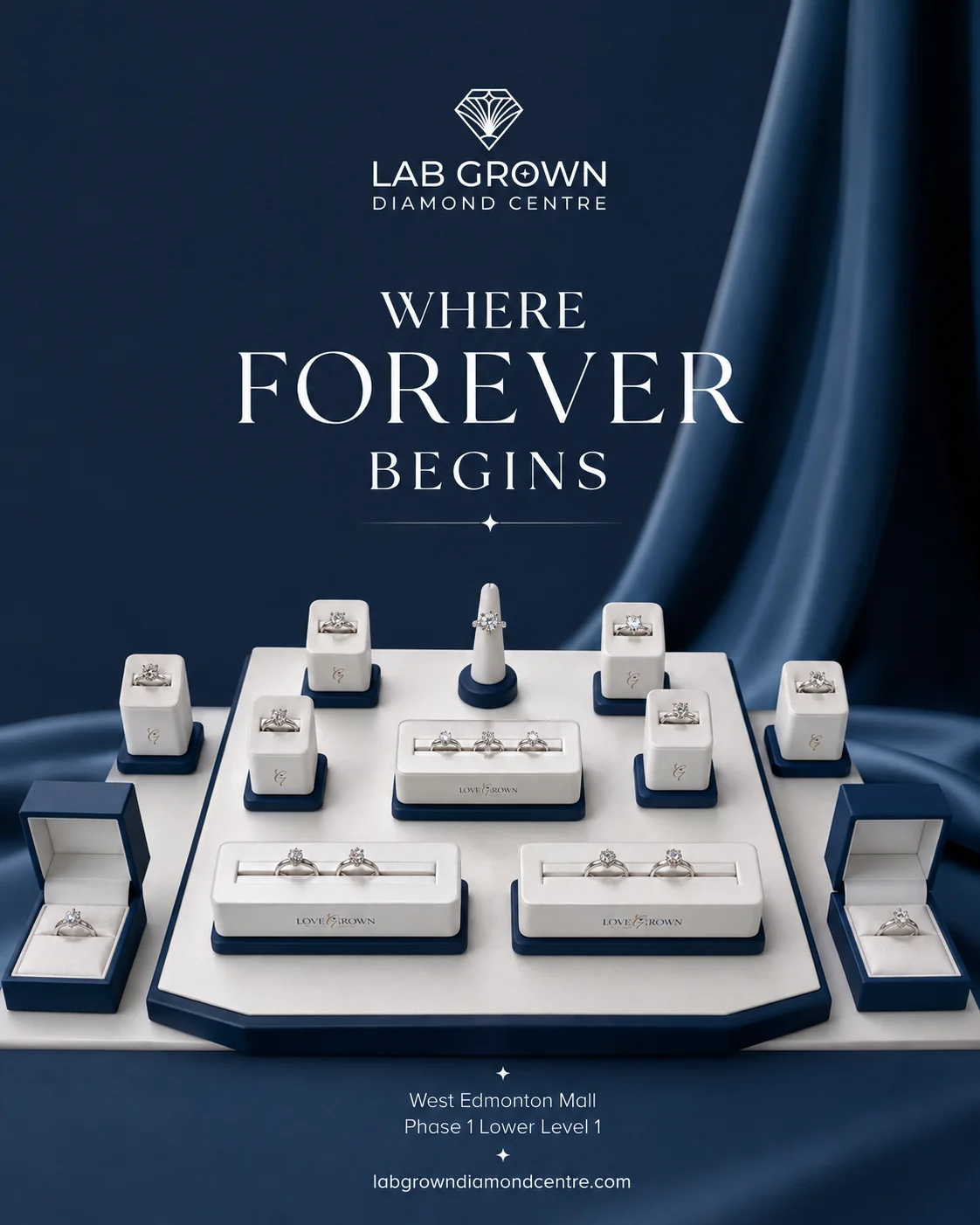Lab Grown Diamond Centre jewelry campaign with a display of diamond pieces